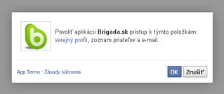 Okno povolenia aplikacie Brigada.sk na FB